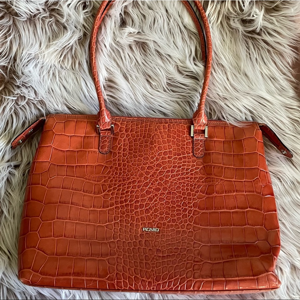 Picard Orange Leather Crocodile Tote Bag